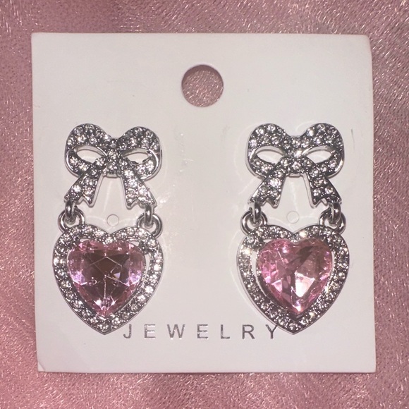 Pink Heart and Silver Bow Post Earrings - Picture 2 of 2